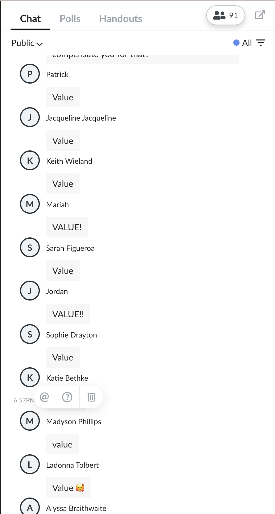 Wealth clinic chat log showing attendees replying "Value" in the public chat, including Patrick, Jacqueline, Keith Wieland, Mariah, Sarah Figueroa, Jordan, Sophie Drayton, Katie Bethke, Madyson Phillips, and Ladonna Tolbert