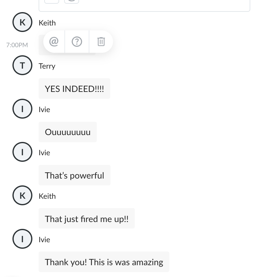 Webinar chat exchange between Keith, Terry, and Ivie reacting to the session